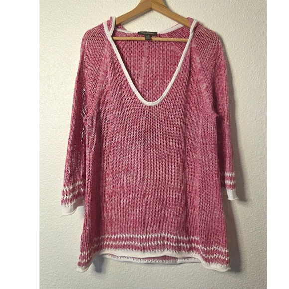 Tommy Bahama Sweaters - Tommy Bahama Pink Open Knit Hooded Linen Blend Sweater Beachy Coastal Boho Lrg